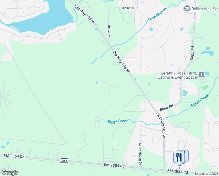 map of restaurants, bars, coffee shops, grocery stores, and more near Hill Drive in Conroe