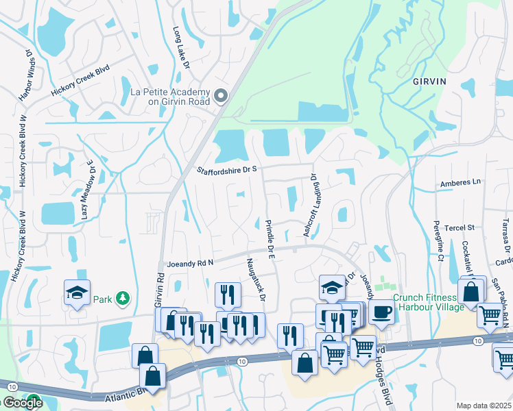 map of restaurants, bars, coffee shops, grocery stores, and more near 417 Filmore Drive in Jacksonville