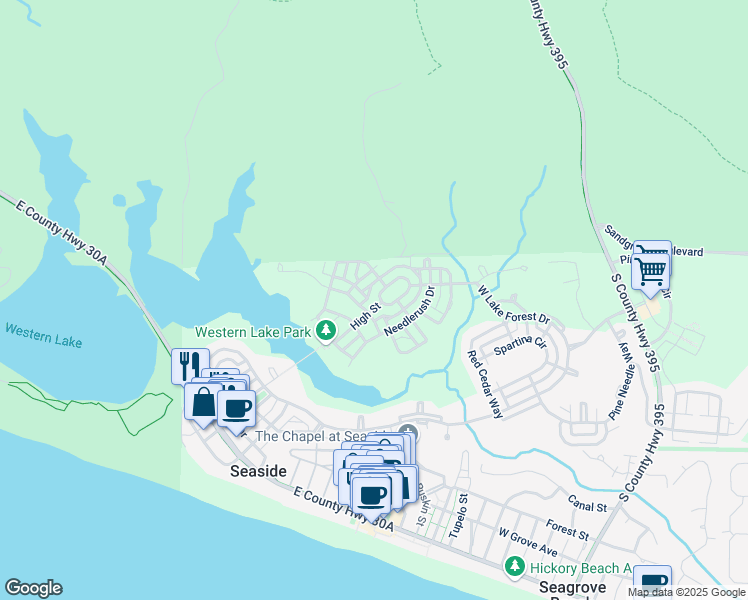 map of restaurants, bars, coffee shops, grocery stores, and more near 103 Sand Hill Circle in Santa Rosa Beach