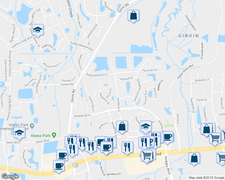 map of restaurants, bars, coffee shops, grocery stores, and more near 434 Filmore Drive in Jacksonville