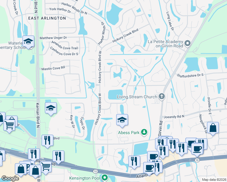 map of restaurants, bars, coffee shops, grocery stores, and more near 12546 Rock Rose Lane in Jacksonville