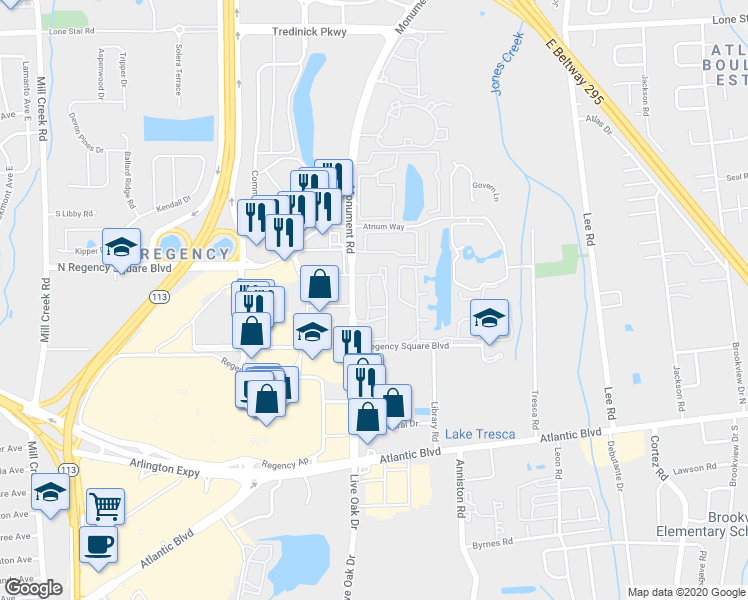 map of restaurants, bars, coffee shops, grocery stores, and more near 355 Monument Road in Jacksonville
