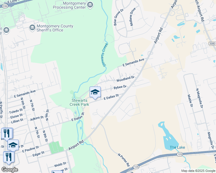 map of restaurants, bars, coffee shops, grocery stores, and more near 209 Woodland Drive in Conroe