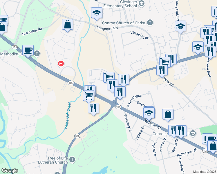 map of restaurants, bars, coffee shops, grocery stores, and more near 3830 West Davis Street in Conroe