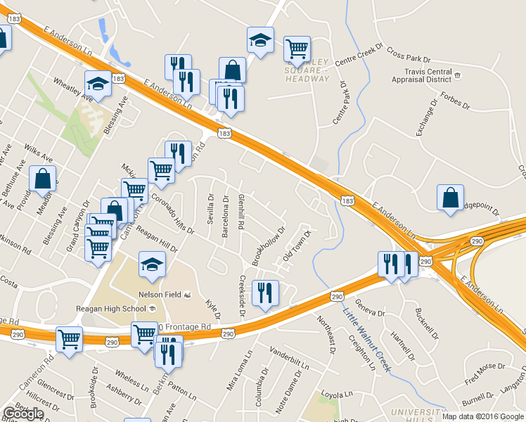 map of restaurants, bars, coffee shops, grocery stores, and more near 1711 Pebble Brook Drive in Austin
