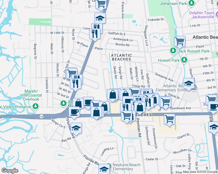 map of restaurants, bars, coffee shops, grocery stores, and more near 358 Skate Road in Atlantic Beach