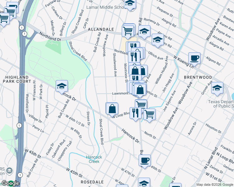 map of restaurants, bars, coffee shops, grocery stores, and more near Lawnmont Avenue in Austin