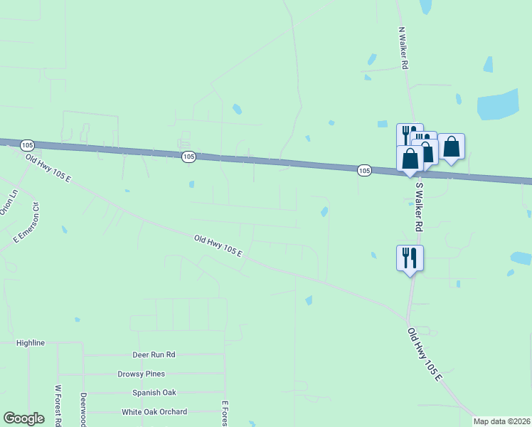map of restaurants, bars, coffee shops, grocery stores, and more near 17609 Reno Road in Conroe