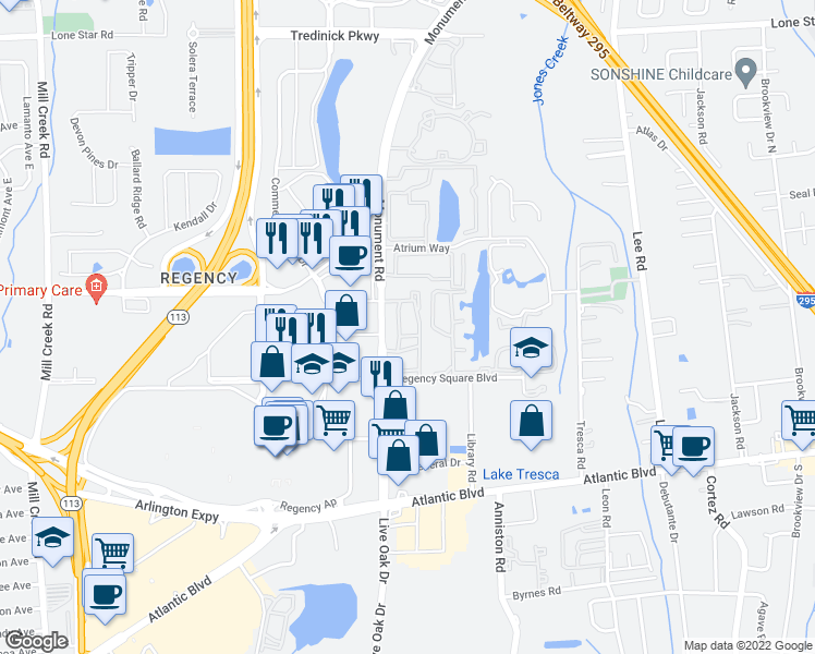 map of restaurants, bars, coffee shops, grocery stores, and more near 355 Monument Road in Jacksonville