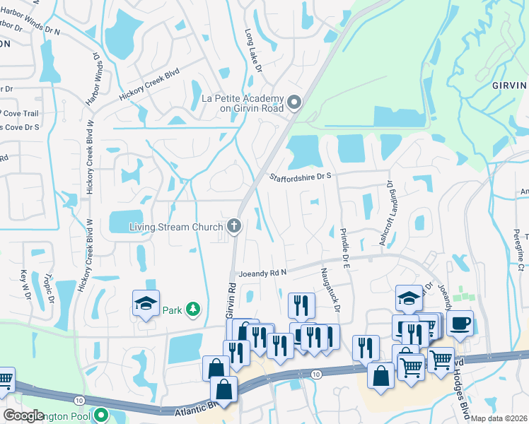 map of restaurants, bars, coffee shops, grocery stores, and more near 317 Melissa Ray Drive in Jacksonville