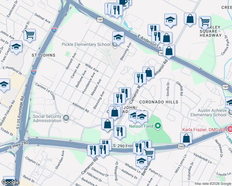 map of restaurants, bars, coffee shops, grocery stores, and more near 1203 Radcliff Drive in Austin