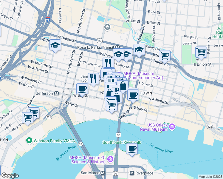 map of restaurants, bars, coffee shops, grocery stores, and more near 137 West Adams Street in Jacksonville