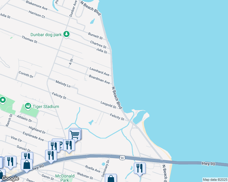 map of restaurants, bars, coffee shops, grocery stores, and more near 808 North Beach Boulevard in Bay St. Louis