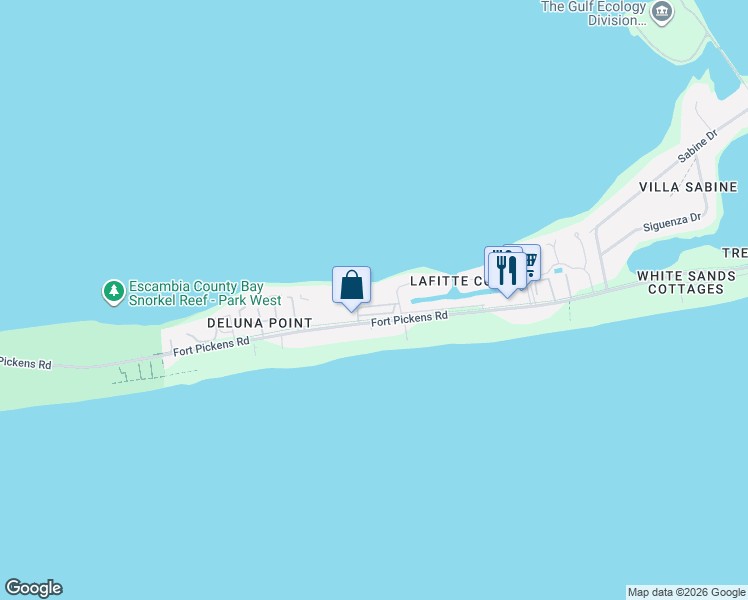 map of restaurants, bars, coffee shops, grocery stores, and more near 1100 Fort Pickens Road in Gulf Breeze