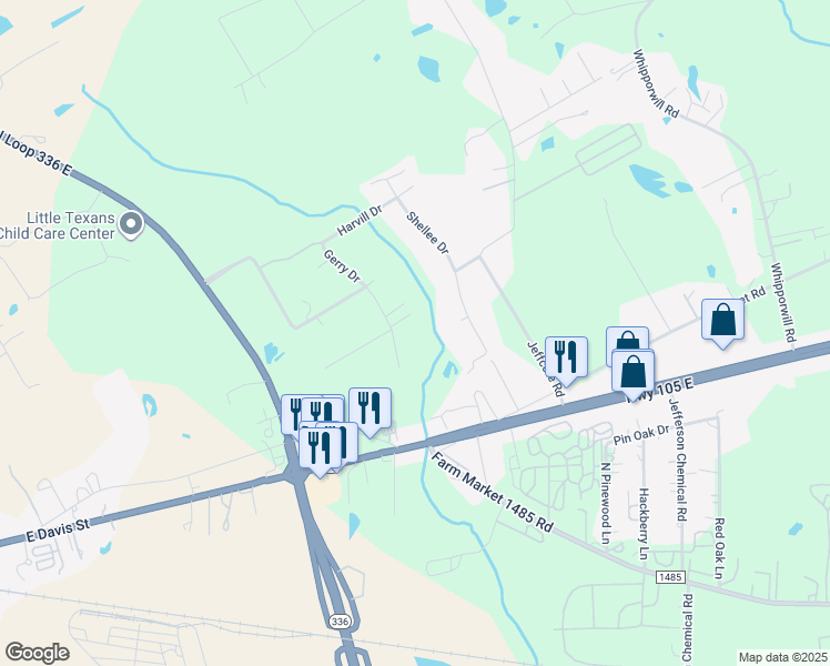 map of restaurants, bars, coffee shops, grocery stores, and more near 548 Gerry Drive in Conroe