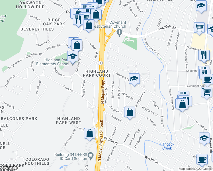 map of restaurants, bars, coffee shops, grocery stores, and more near Westfield Drive in Austin