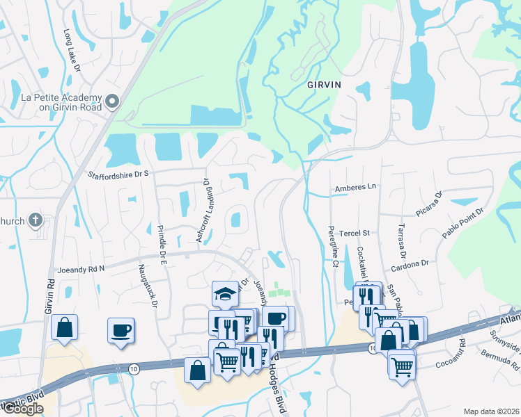 map of restaurants, bars, coffee shops, grocery stores, and more near 425 Blagdon Court in Jacksonville
