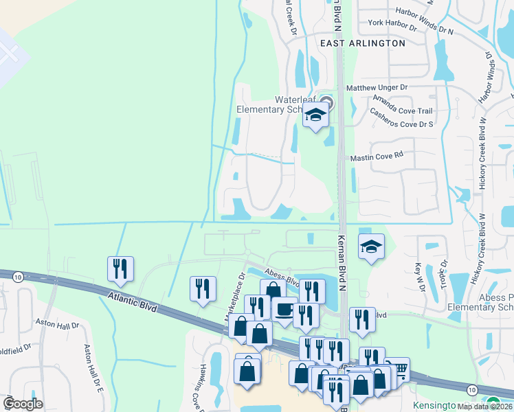 map of restaurants, bars, coffee shops, grocery stores, and more near 372 Candlebark Drive in Jacksonville