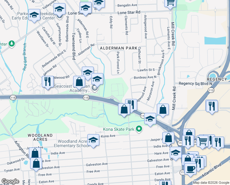 map of restaurants, bars, coffee shops, grocery stores, and more near 8209 Larose Road in Jacksonville
