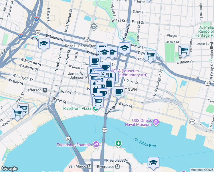 map of restaurants, bars, coffee shops, grocery stores, and more near 225 North Laura Street in Jacksonville