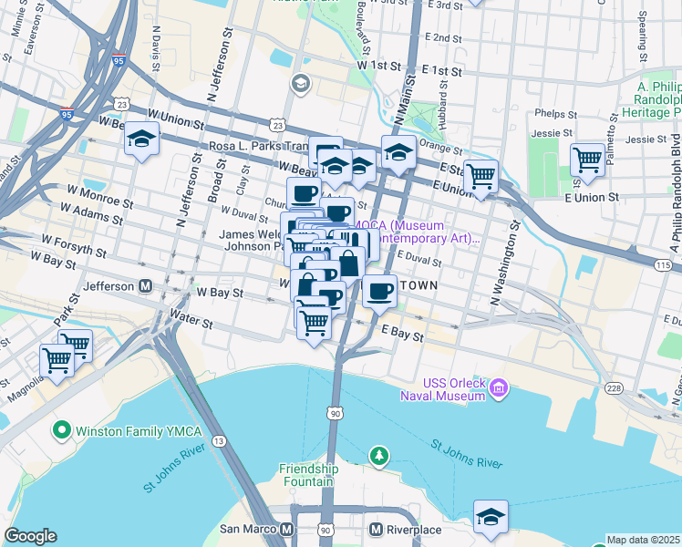 map of restaurants, bars, coffee shops, grocery stores, and more near 225 North Laura Street in Jacksonville