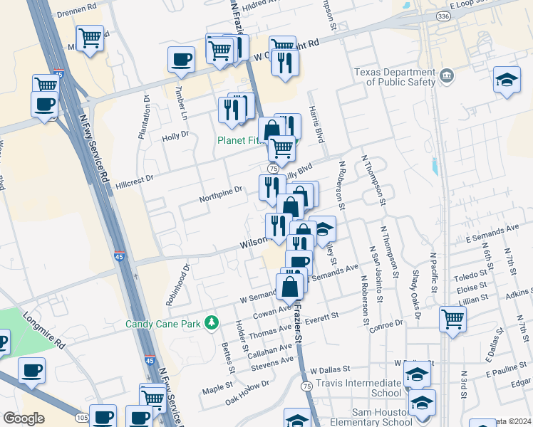 map of restaurants, bars, coffee shops, grocery stores, and more near 1717 North Frazier Street in Conroe