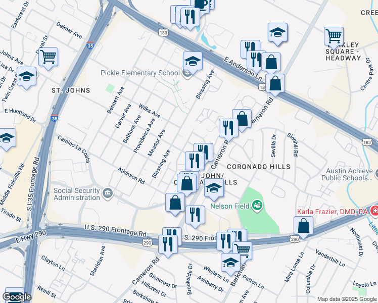 map of restaurants, bars, coffee shops, grocery stores, and more near 1203 Radcliff Drive in Austin