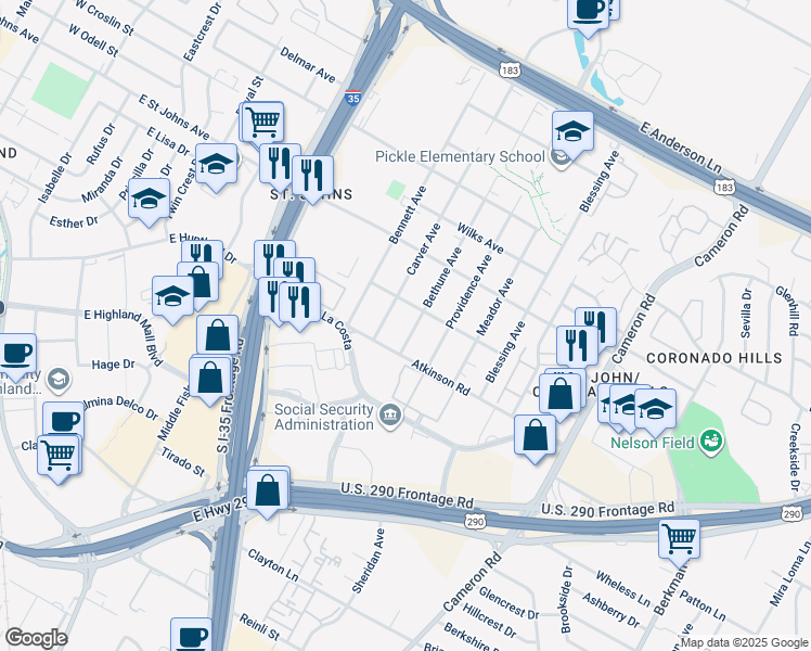 map of restaurants, bars, coffee shops, grocery stores, and more near 6920 Bethune Avenue in Austin