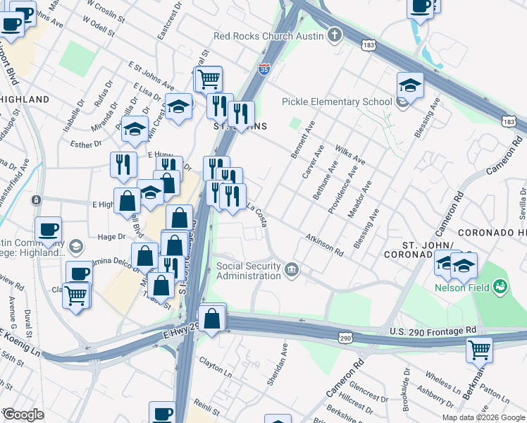 map of restaurants, bars, coffee shops, grocery stores, and more near 6902a Bennett Avenue in Austin