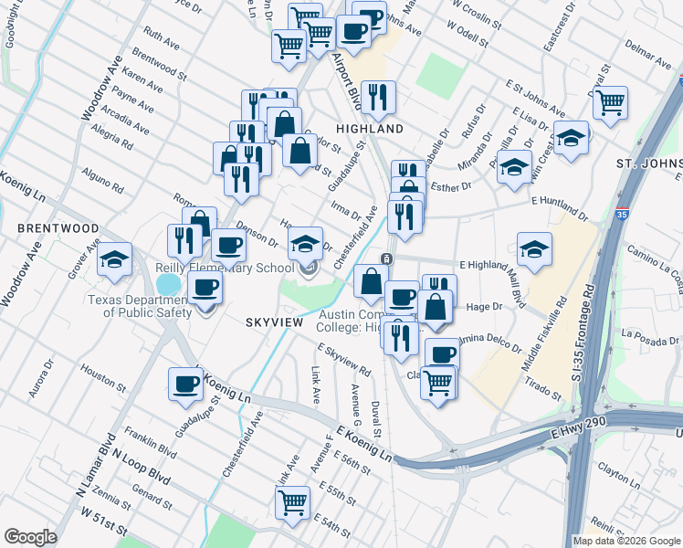 map of restaurants, bars, coffee shops, grocery stores, and more near 304 Denson Drive in Austin