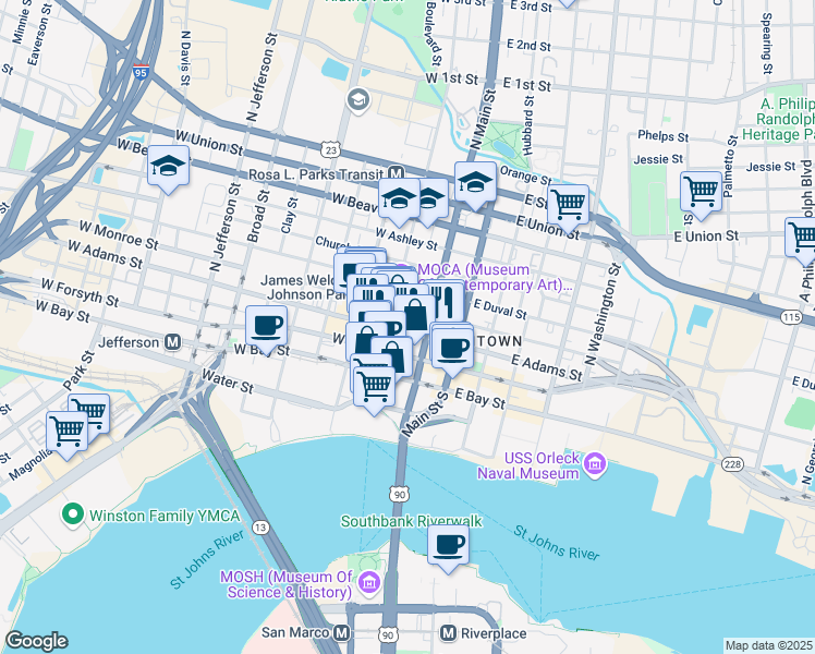 map of restaurants, bars, coffee shops, grocery stores, and more near 225 North Laura Street in Jacksonville