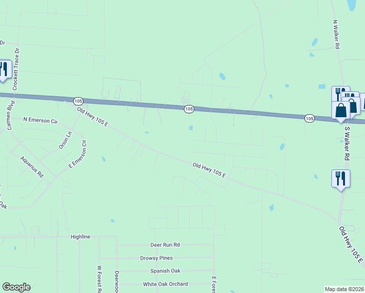 map of restaurants, bars, coffee shops, grocery stores, and more near 17383 Old Highway 105 East in Conroe