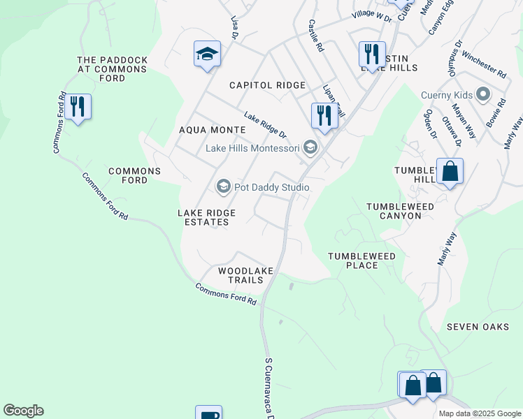 map of restaurants, bars, coffee shops, grocery stores, and more near 9711 Timber Ridge Pass in Austin