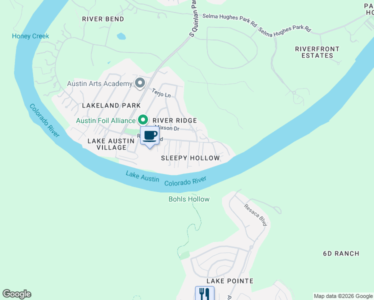 map of restaurants, bars, coffee shops, grocery stores, and more near 12417 River Bend in Austin