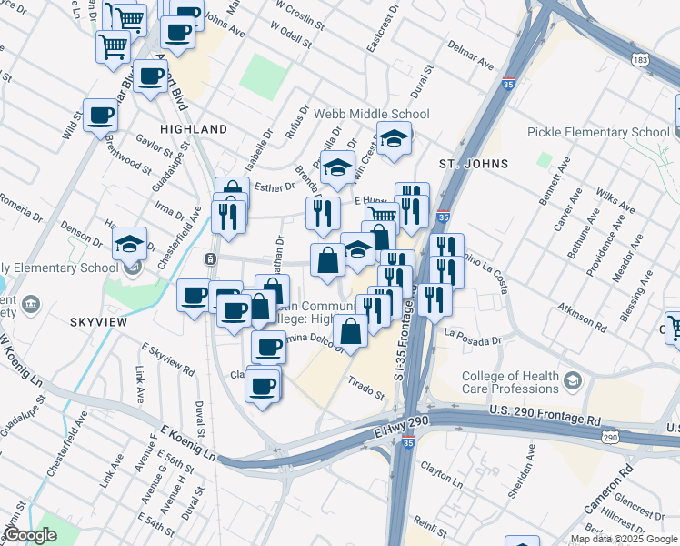 map of restaurants, bars, coffee shops, grocery stores, and more near 500 East Highland Mall Boulevard in Austin