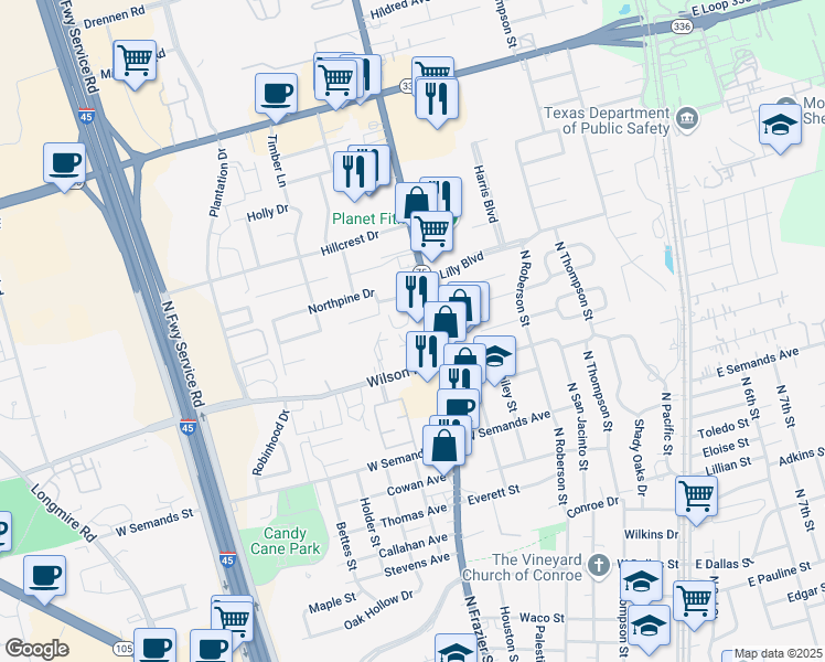 map of restaurants, bars, coffee shops, grocery stores, and more near 1717 North Frazier Street in Conroe