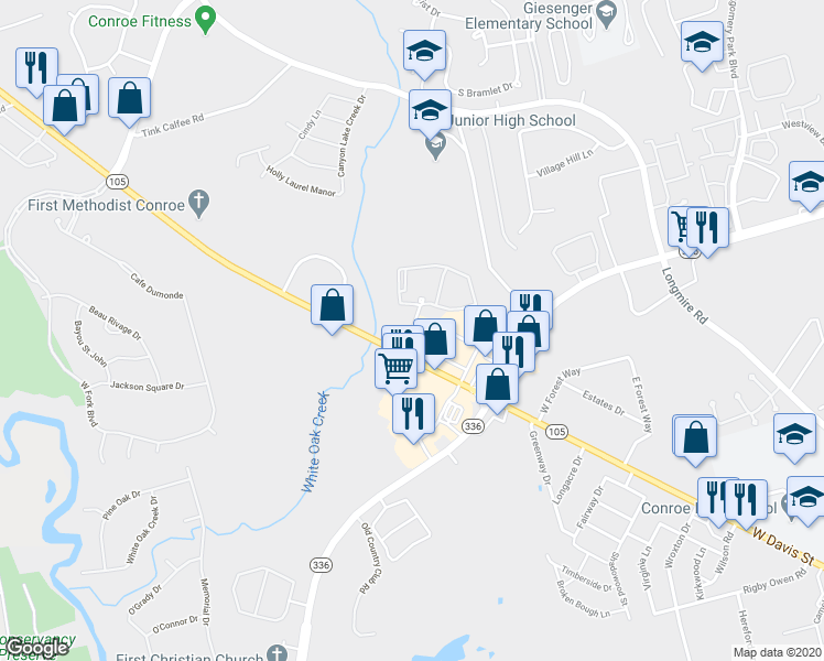map of restaurants, bars, coffee shops, grocery stores, and more near 4141 West Davis Street in Conroe