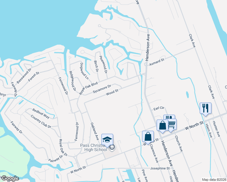map of restaurants, bars, coffee shops, grocery stores, and more near 131-143 Sycamore Drive in Pass Christian