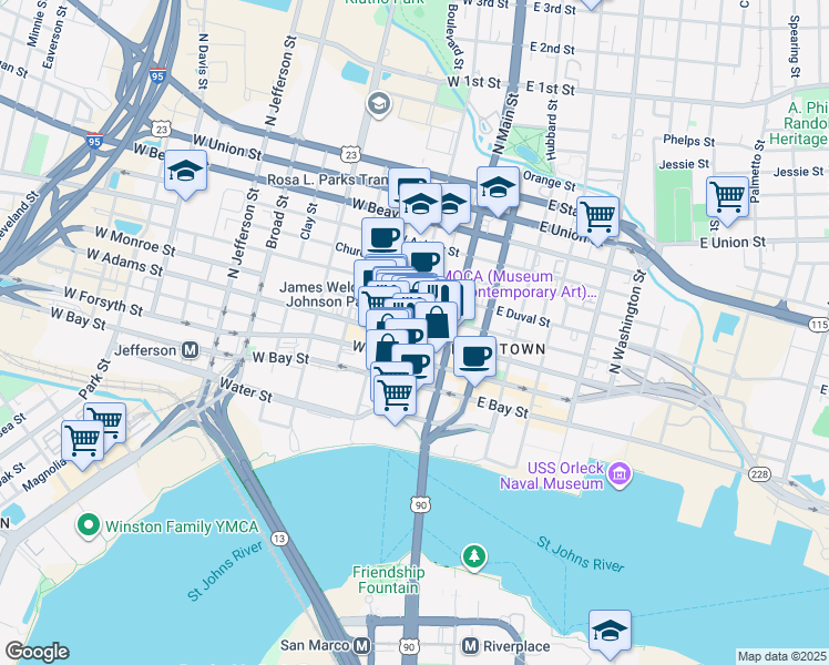 map of restaurants, bars, coffee shops, grocery stores, and more near 201 North Laura Street in Jacksonville
