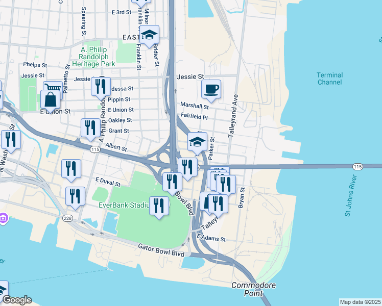 map of restaurants, bars, coffee shops, grocery stores, and more near 1574 Swift Street in Jacksonville