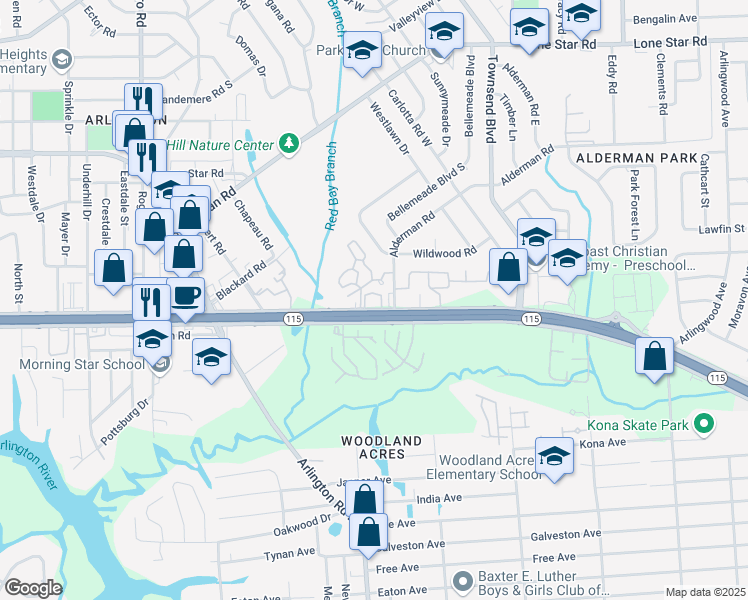 map of restaurants, bars, coffee shops, grocery stores, and more near 7579 Arlington Expressway in Jacksonville