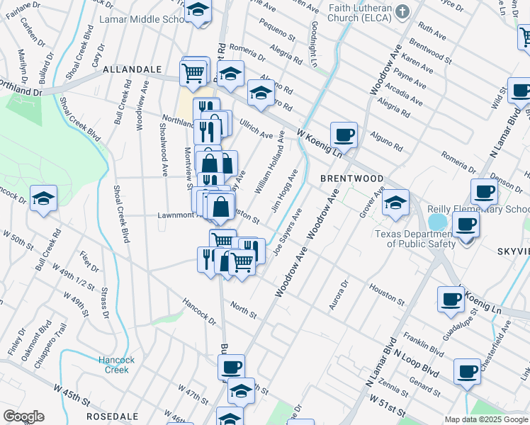 map of restaurants, bars, coffee shops, grocery stores, and more near 5507 Jeff Davis Avenue in Austin