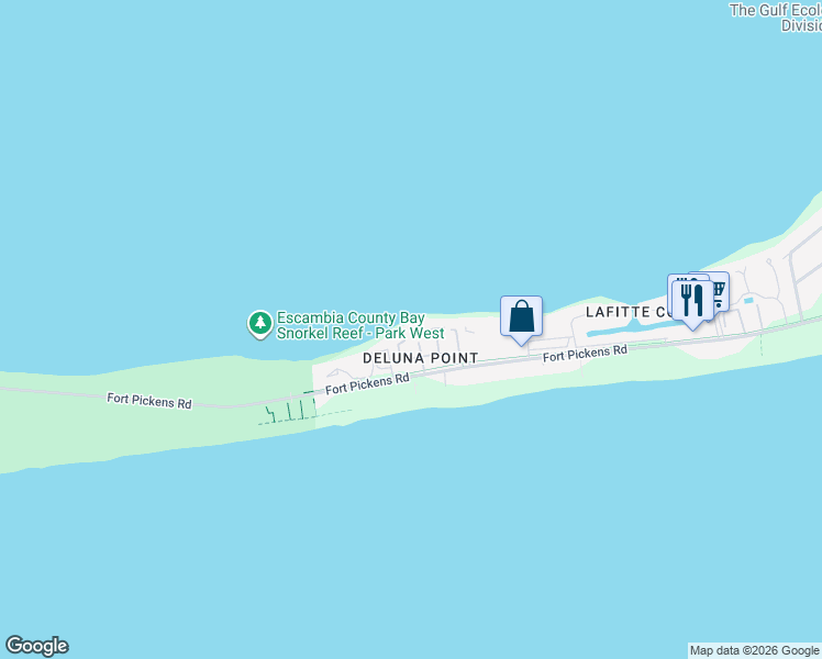 map of restaurants, bars, coffee shops, grocery stores, and more near 37 East Galvez Court in Pensacola Beach