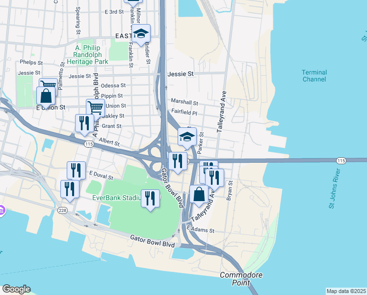 map of restaurants, bars, coffee shops, grocery stores, and more near 1574 Swift Street in Jacksonville