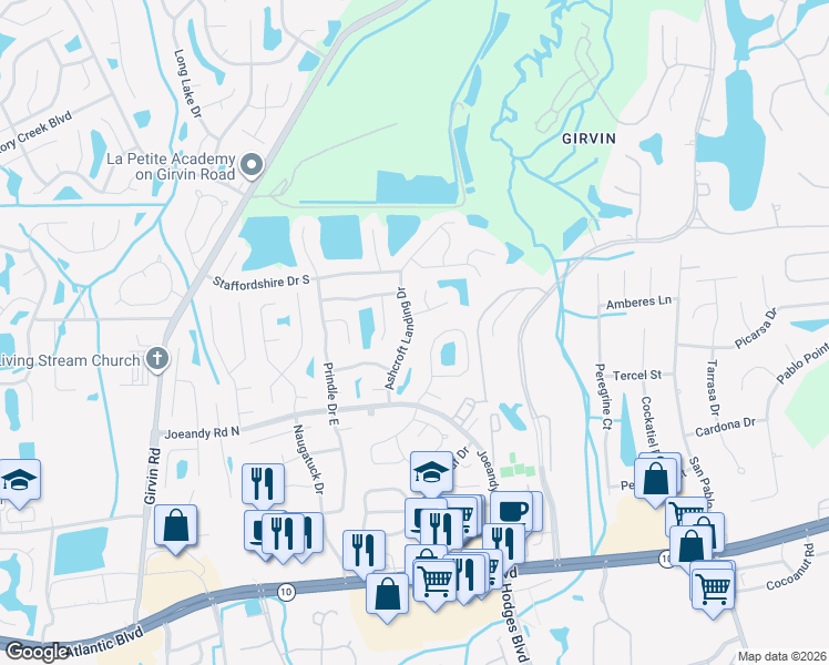 map of restaurants, bars, coffee shops, grocery stores, and more near 447 Ashcroft Landing Drive in Jacksonville