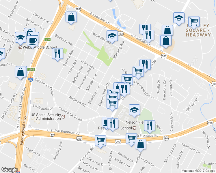 map of restaurants, bars, coffee shops, grocery stores, and more near 1203 Radcliff Drive in Austin