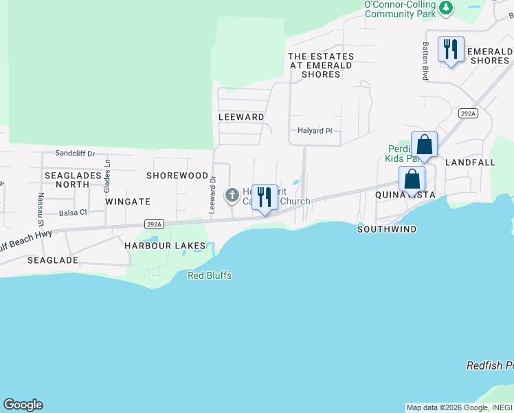 map of restaurants, bars, coffee shops, grocery stores, and more near 5002 Vizcaya Drive in Pensacola