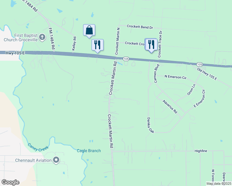 map of restaurants, bars, coffee shops, grocery stores, and more near 2373 Crockett Martin Road in Conroe