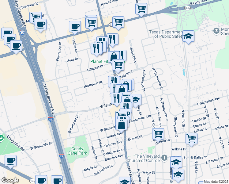 map of restaurants, bars, coffee shops, grocery stores, and more near 1717 North Frazier Street in Conroe