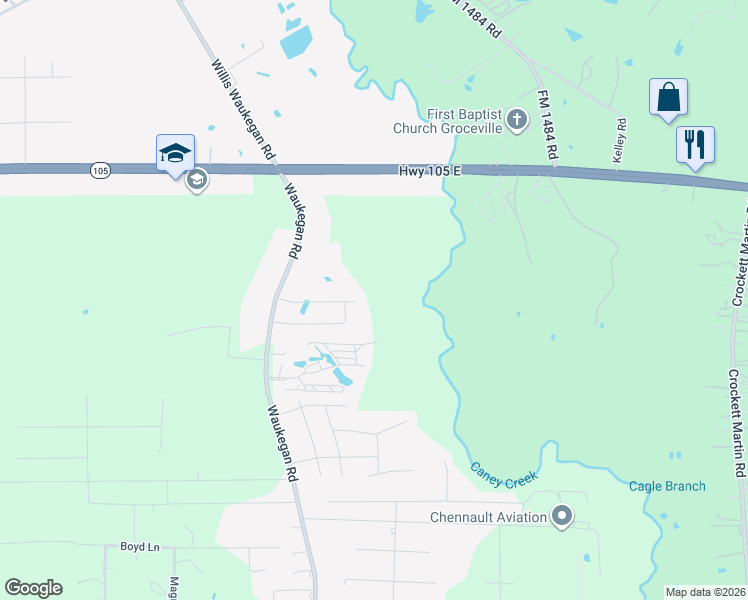 map of restaurants, bars, coffee shops, grocery stores, and more near 1111 Waukegan Road in Conroe